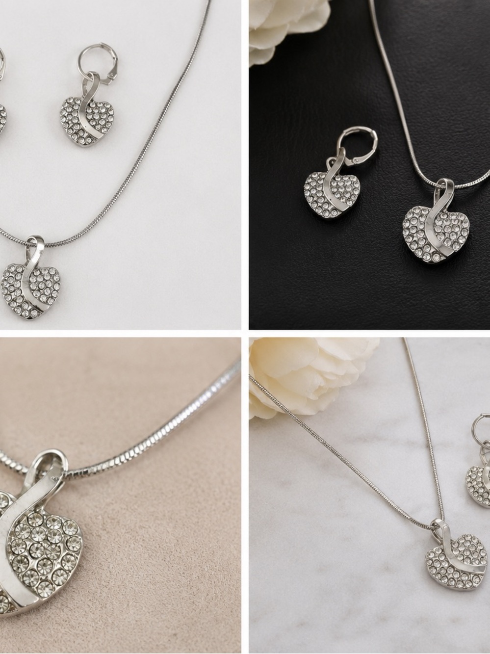 Silver Crystal Heart Necklace and Earring Set